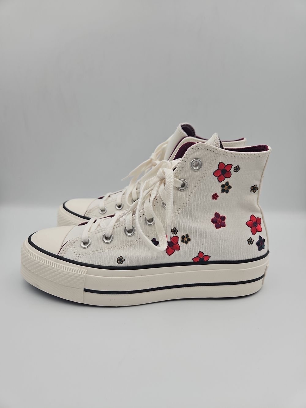 Converse Women's Cream High-Top Sneakers with Red Floral Embroidery